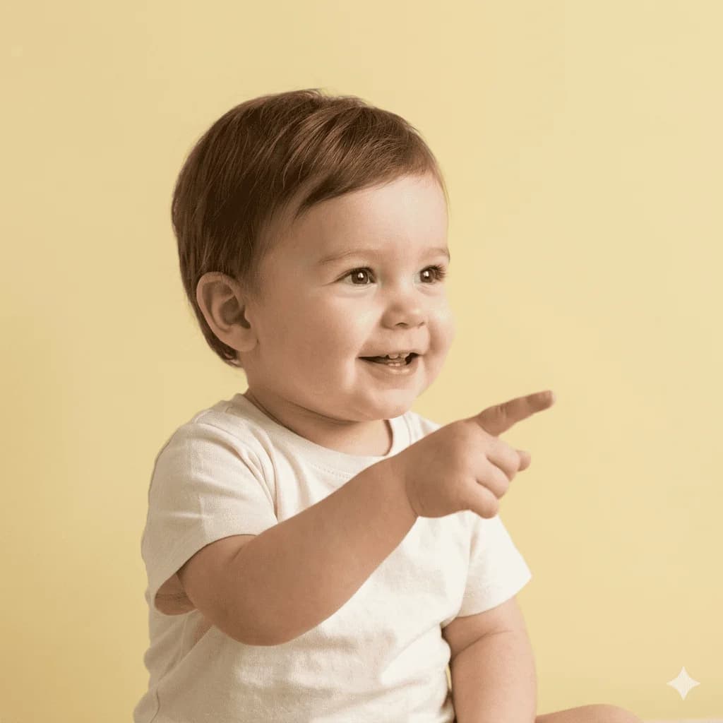 Bambino di circa un anno che sorride e indica col dito per comunicare