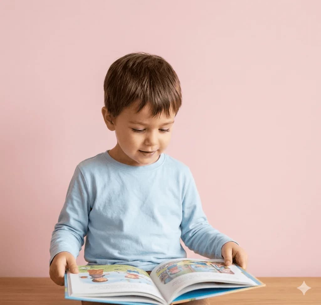 Bambino di circa due anni che sfoglia un libro illustrato seduto a un tavolo