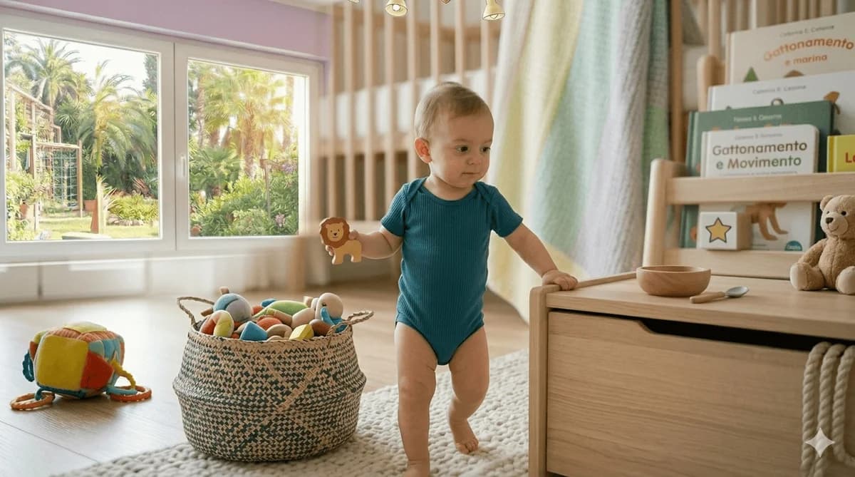 Bambino di circa 12 mesi in piedi che cammina appoggiandosi a un mobile tenendo in mano un gioco di legno
