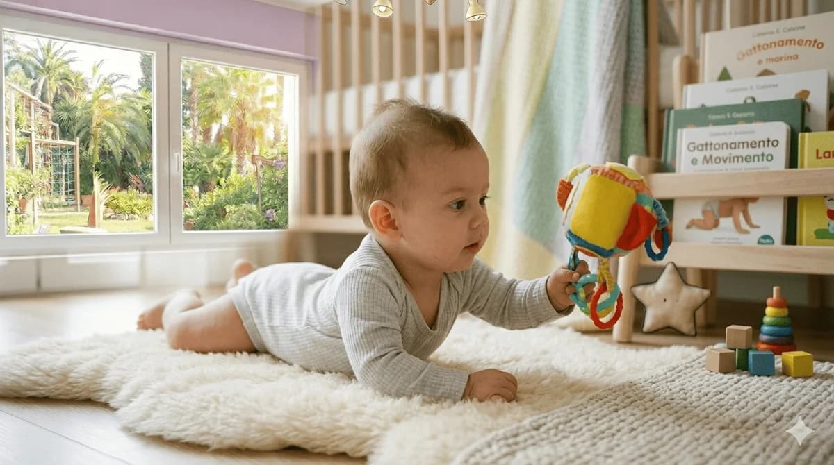 Bambino di circa 4 mesi a pancia in giù che si sostiene sugli avambracci e afferra un gioco morbido colorato