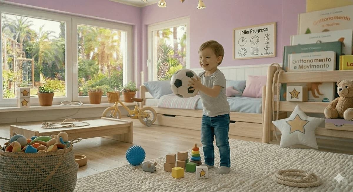 Bambino di 3,5-4 anni sorridente in piedi che afferra al volo un pallone con entrambe le mani