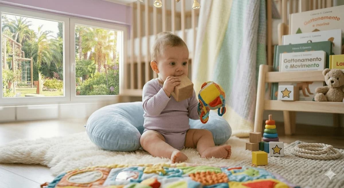 Bambino di circa 6 mesi seduto con appoggio che porta alla bocca un cubo di legno