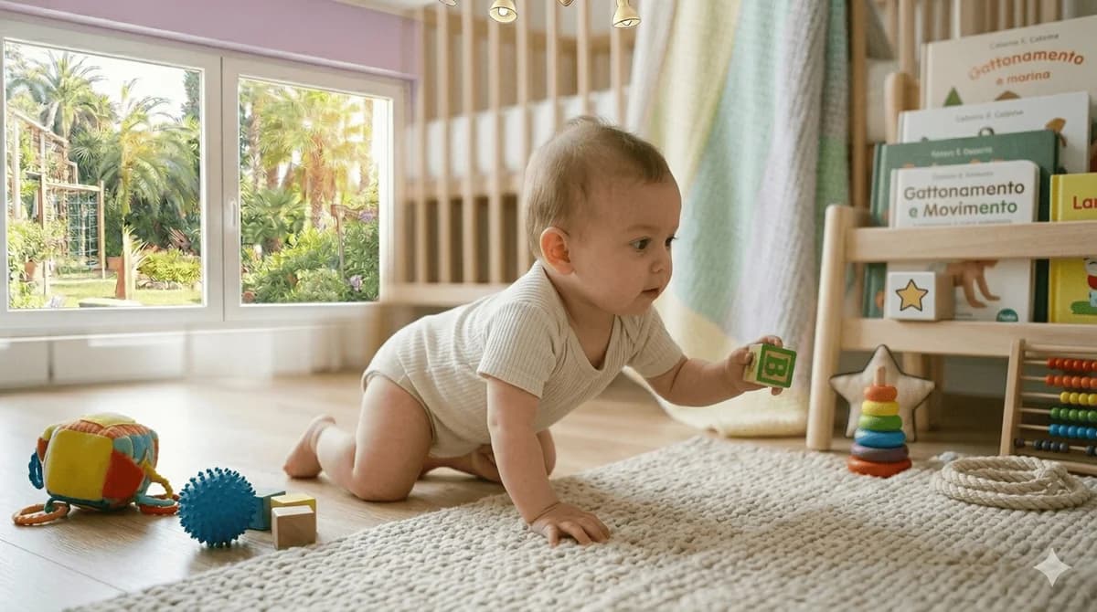 Bambino di circa 9 mesi a carponi che gattona e allunga la mano verso un cubo di legno