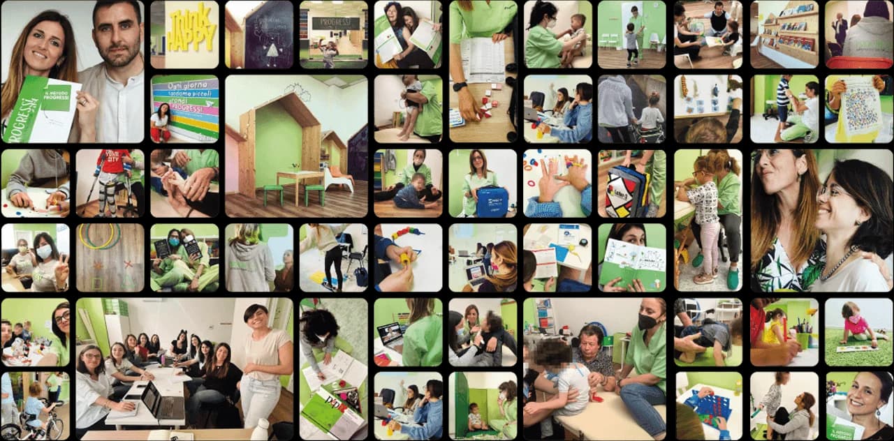 Collage di fotografie del centro clinico FareProgressi: sedute di terapia, spazi attrezzati e l'équipe al lavoro con bambini e famiglie