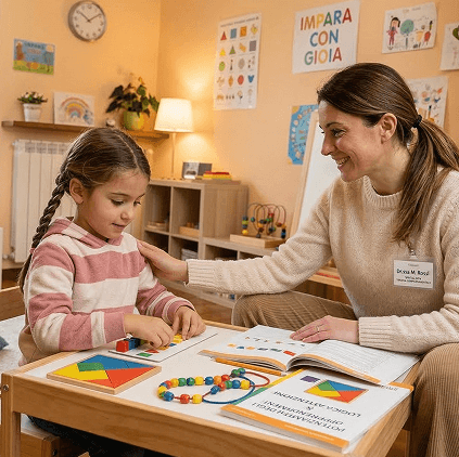 Educatrice e bambina che imparano giocando