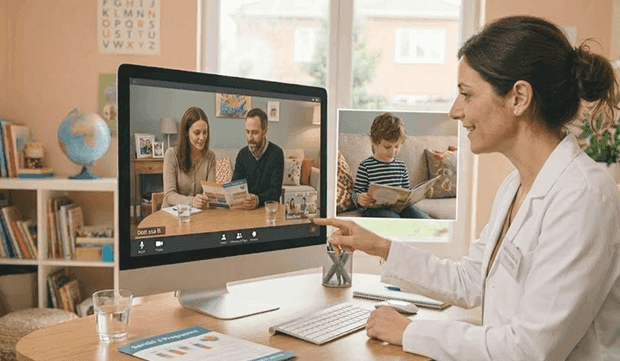 Madre e figlio sorridenti durante il percorso orientativo