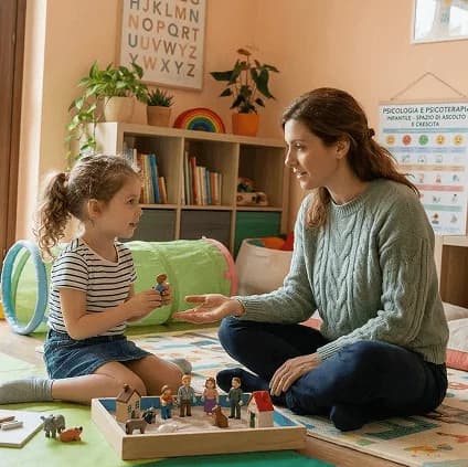 Psicologa in colloquio con una bambina durante una seduta di psicoterapia