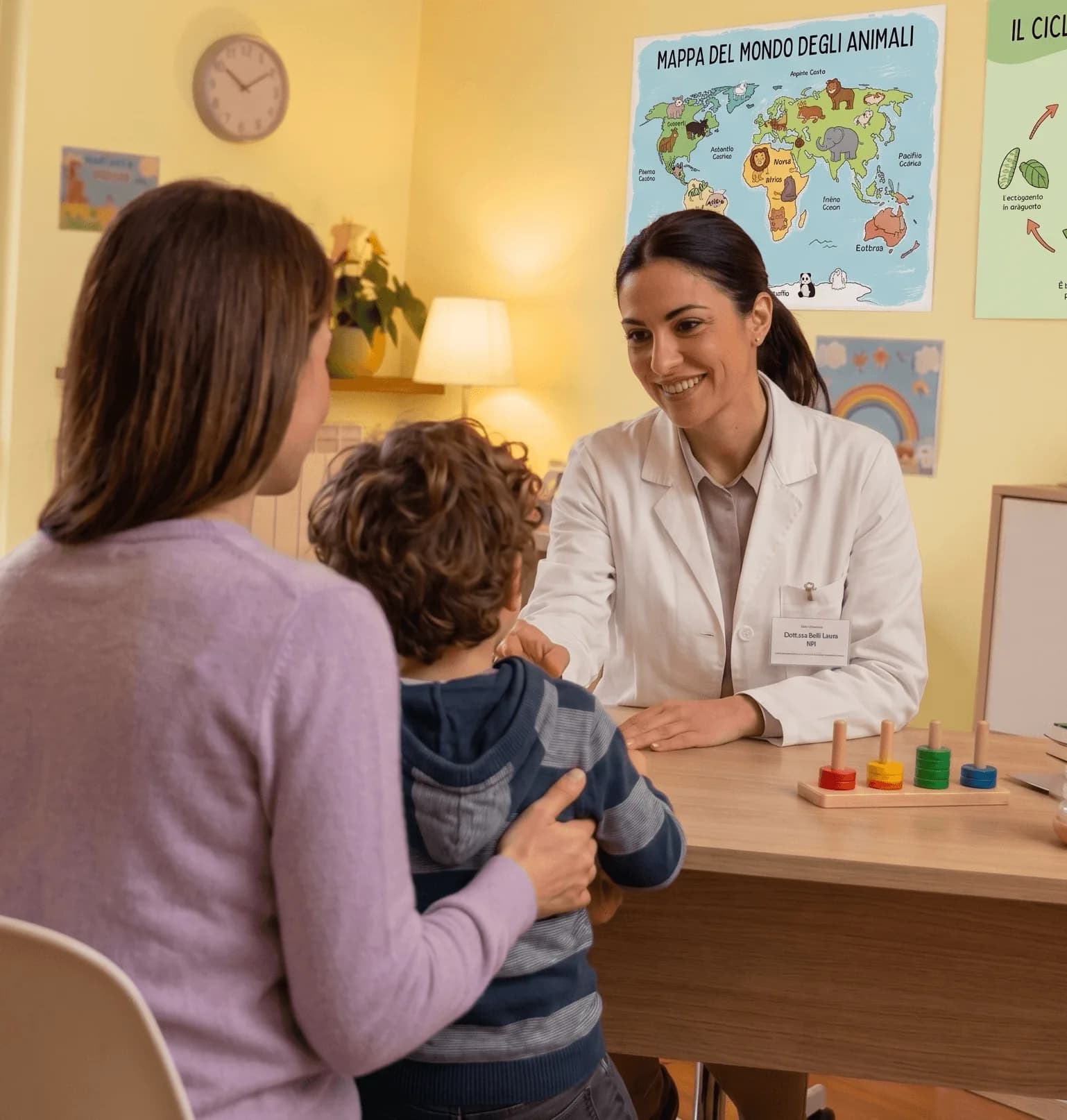 Mamma e bambino insieme alla neuropsichiatra infantile durante la prima visita
