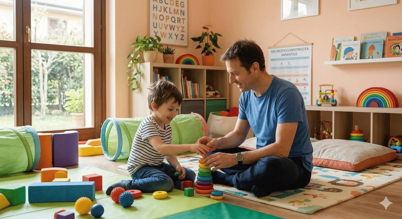 Terapista della neuropsicomotricità che gioca con un bambino sul tappeto