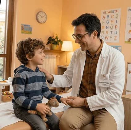 Pediatra che visita un bambino sorridente durante un bilancio di salute