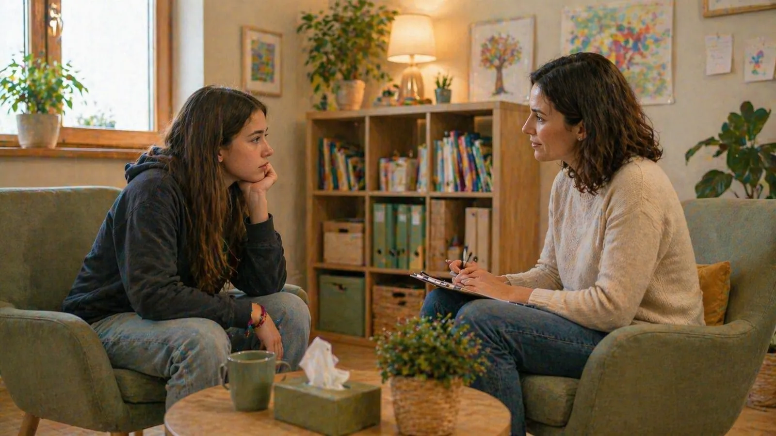 Psicologa che ascolta una ragazza adolescente durante un colloquio psicologico