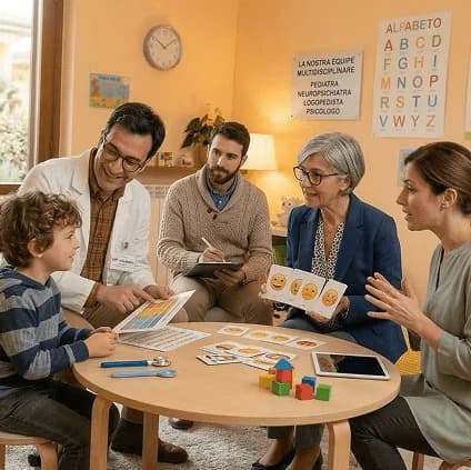 Specialista che somministra un test a un bambino durante una valutazione diagnostica