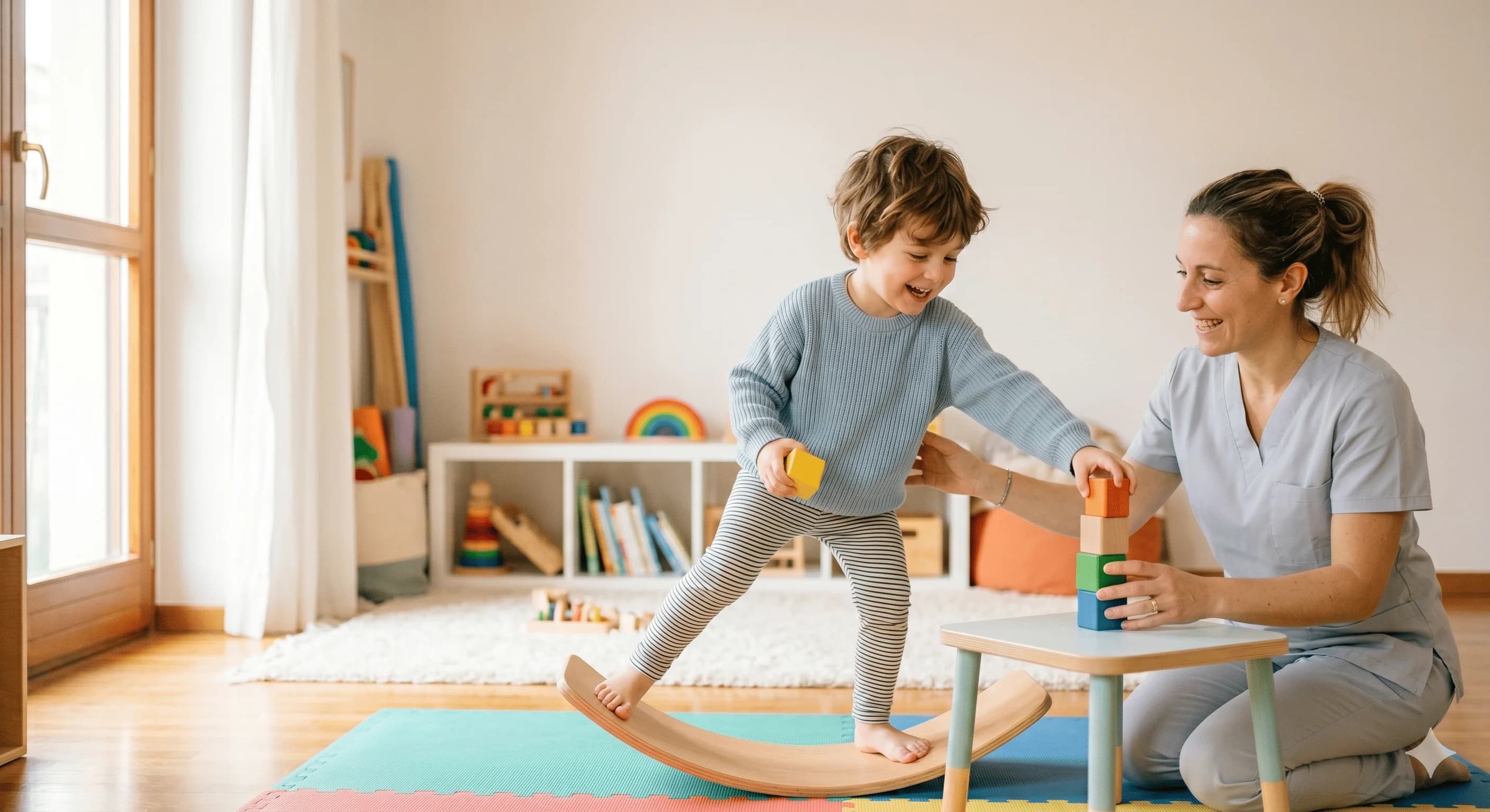Bambino in equilibrio su una tavola propriocettiva di legno durante una seduta di neuropsicomotricità, mentre la terapista impila cubi colorati su un tavolino