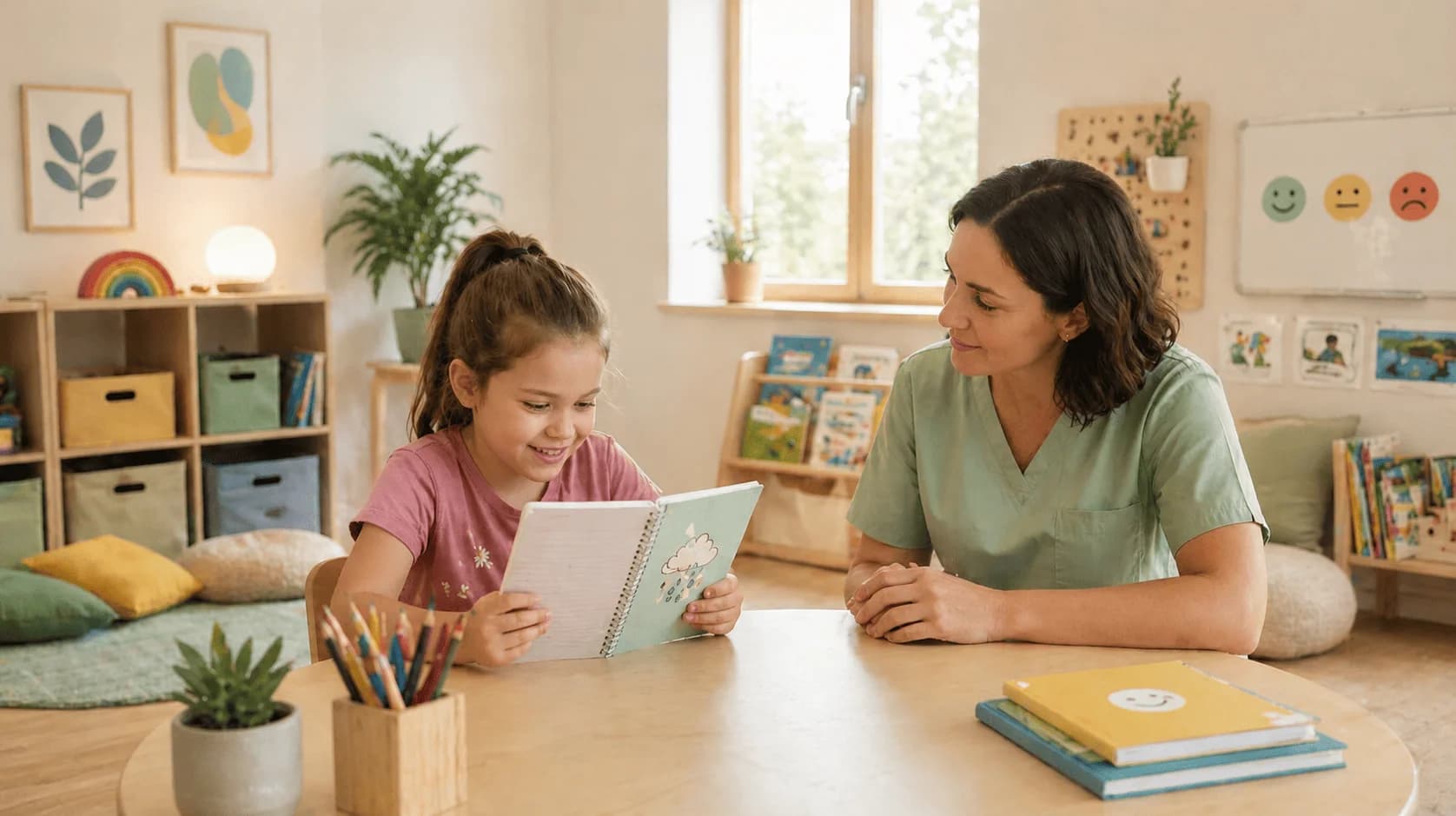 Tutor dell'apprendimento che affianca una bambina mentre legge il suo quaderno durante una sessione di studio
